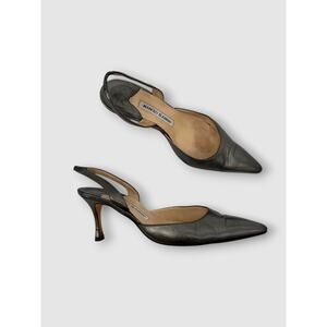 Vintage Manolo Blahnik Pewter Metallic Leather Slingback Pointed Toe Heels 37.5